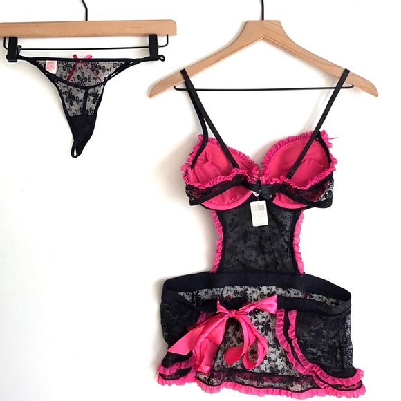 Native Intimates"Pink & Black lace Baby Doll Dress - Picture 8 of 9
